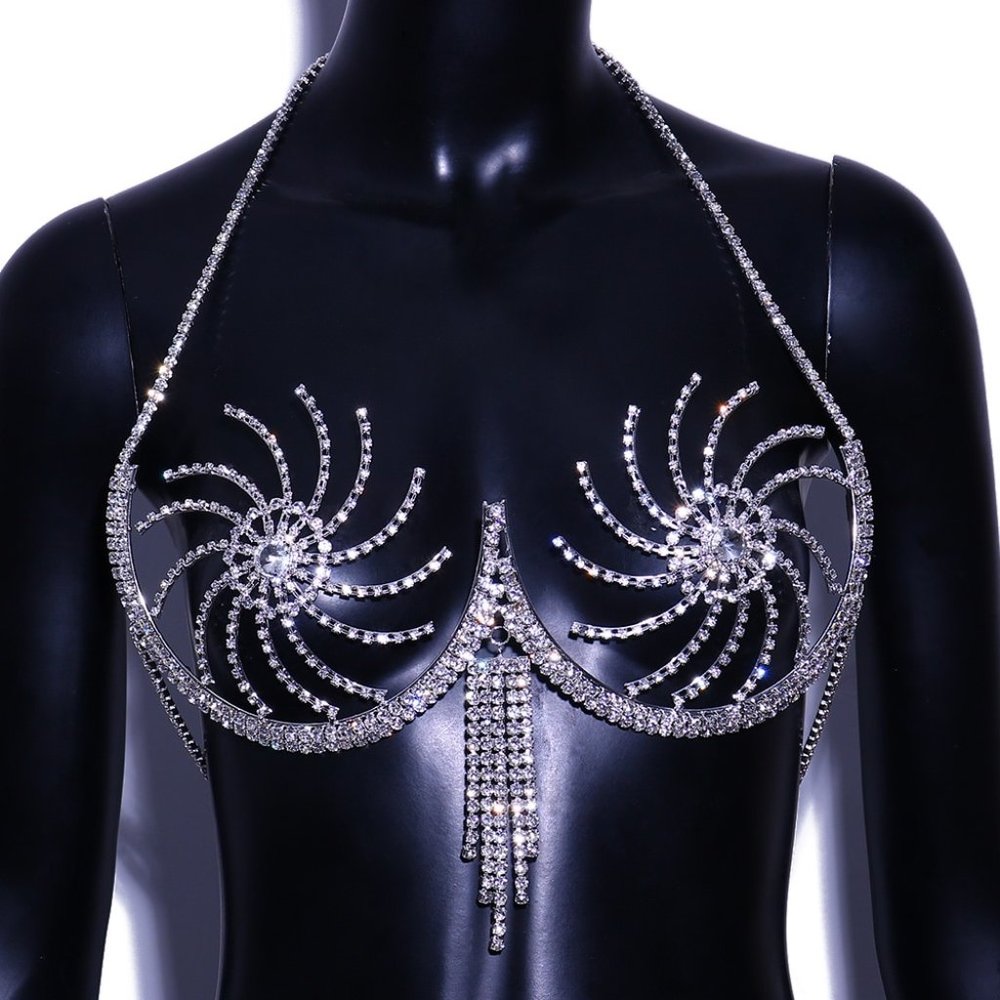 Rhinestone Chest Bracket Tassel Bra Chain Lingerie Crystal Bikini Body Jewelry - Picture 2 of 5